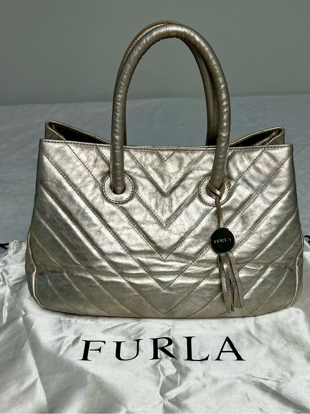 Furla Metallic Gold Quilted Leather Tote Bag Made in Italy w/ Dust Bag